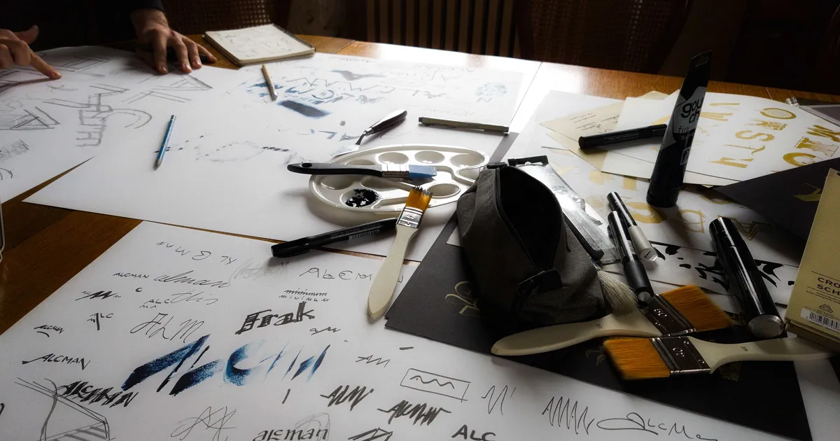 A wooden table scattered with paintbrushes, pens, and hand-drawn typography sketches.
