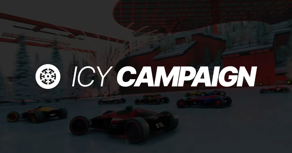The Icy Campaign icon and wordmark shown in white on top of a dark background showing a trackmania cars racing on ice.