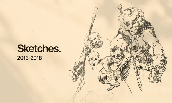 Hand-drawn study of an artwork by Francisco de Goya, showing several skeletal, expressive figures interacting