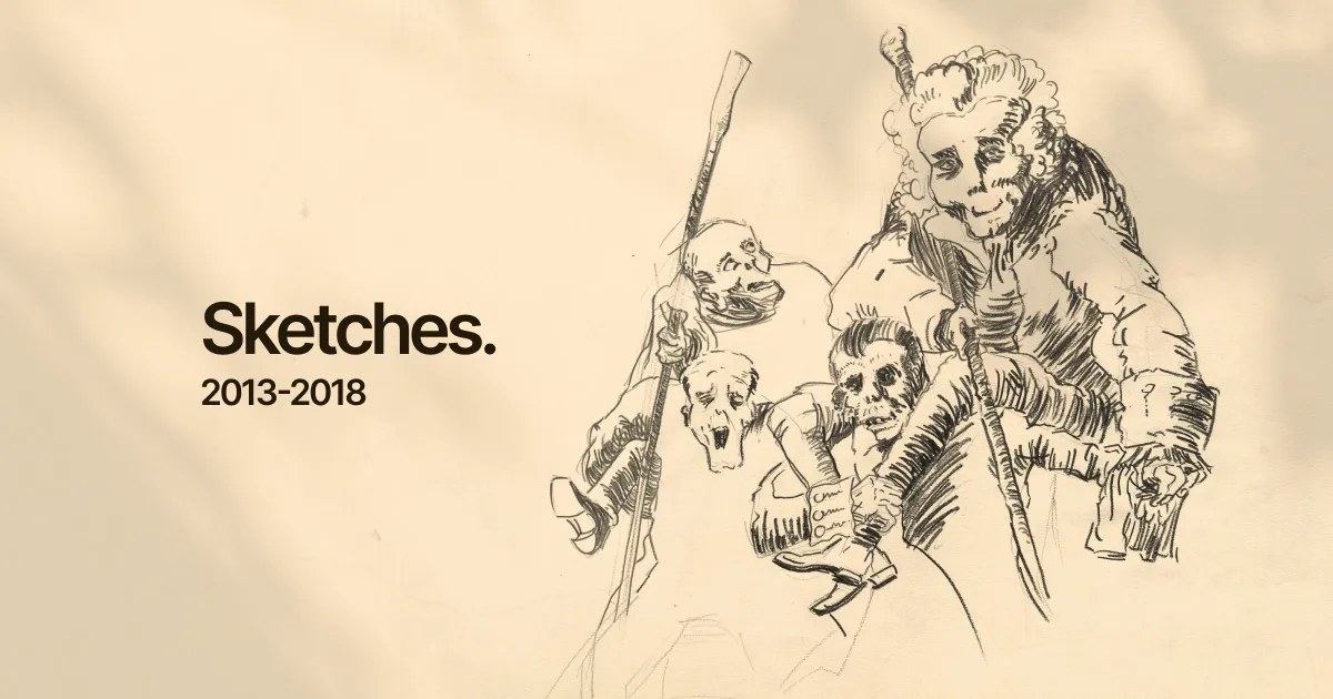 Hand-drawn study of an artwork by Francisco de Goya, showing several skeletal, expressive figures interacting